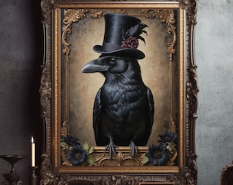 May include: A framed painting of a black crow wearing a top hat with a red rose. The crow is perched on a branch with black flowers in the background. The frame is ornate and gold.