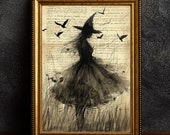 Book Witch Dark Academia Print, witchy home decor, printable digital art, witch Birds wall art, witchcore gift, spooky dark cottagecore