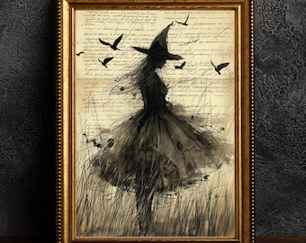 Book Witch Dark Academia Print, witchy home decor, printable digital art, witch Birds wall art, witchcore gift, spooky dark cottagecore