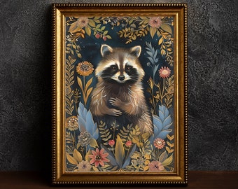 Raccoon Magical Forest Dark Academia Print, dark cottagecore, printable digital art, raccoon lover gift, fairytale décor, forestcore print