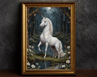 Puede incluir: Una pintura enmarcada de un unicornio blanco de pie en un claro del bosque. El unicornio está rodeado de flores y vegetación. El fondo es un bosque oscuro con árboles y follaje.