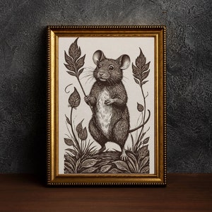 Mouse Linocut Style Print, fall cottagecore gift, printable mouse digital art, mouse lover print gift, animal linocut style autumn print, fae magpie prints