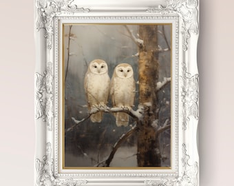 Snöuggla Cottagecore-tryck, skogsdekor, utskrivbar digital konst, vintertryck med skogsmark, vintage-ugglekonst, botanisk uggla-gåva