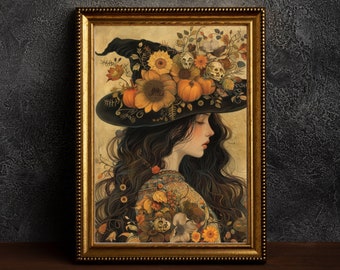 Fall Witch Dark Academia Print, dark cottagecore gift, printable digital art, witchy autumn print, witch hat pumpkins wall decor, witchcore