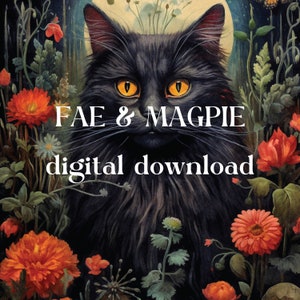Gothic Black Cat Dark Cottagecore Print, cat gothic wall decor, printable digital art, witchy print, mid century dark art, floral cat gift, fae and magpie