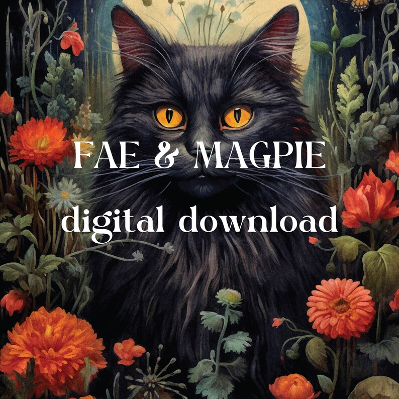 Gothic Black Cat Dark Cottagecore Print, cat gothic wall decor, printable digital art, witchy print, mid century dark art, floral cat gift, fae and magpie