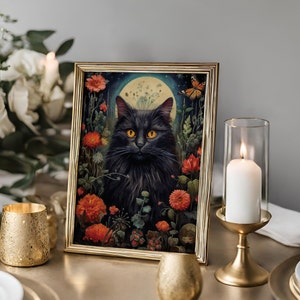 Gothic Black Cat Dark Cottagecore Print, cat gothic wall decor, printable digital art, witchy print, mid century dark art, floral cat gift, fae and magpie