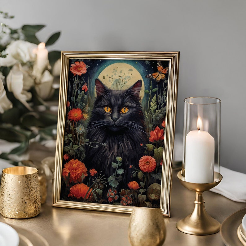 Gothic Black Cat Dark Cottagecore Print, cat gothic wall decor, printable digital art, witchy print, mid century dark art, floral cat gift, fae and magpie