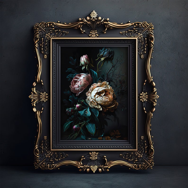 Victorian Gothic Dark Floral Print, Floral Painting Wall Art, Vintage ...