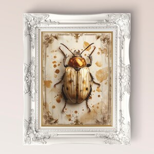 Gold Beetle Dark Academia Print, cottagecore gift, printable digital, insect print gift, Scarab victorian beetle wall décor, mid century art
