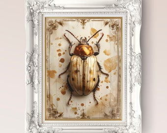 Guldbagge Mörk Academia-tryck, cottagecore-gåva, utskrivbar digital, insektstryckgåva, viktoriansk Scarab-baggeväggdekor, konst från mitten av århundradet