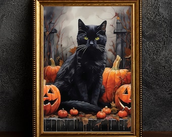 Halloween Black Cat Print: Spooky Pumpkins, Witchy Decor (Digital Download)