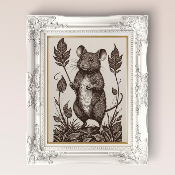Mouse Linocut Style Print, fall cottagecore gift, printable mouse digital art, mouse lover print gift, animal linocut style autumn print