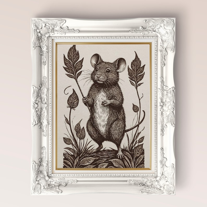 Mouse Linocut Style Print, fall cottagecore gift, printable mouse digital art, mouse lover print gift, animal linocut style autumn print, fae magpie prints