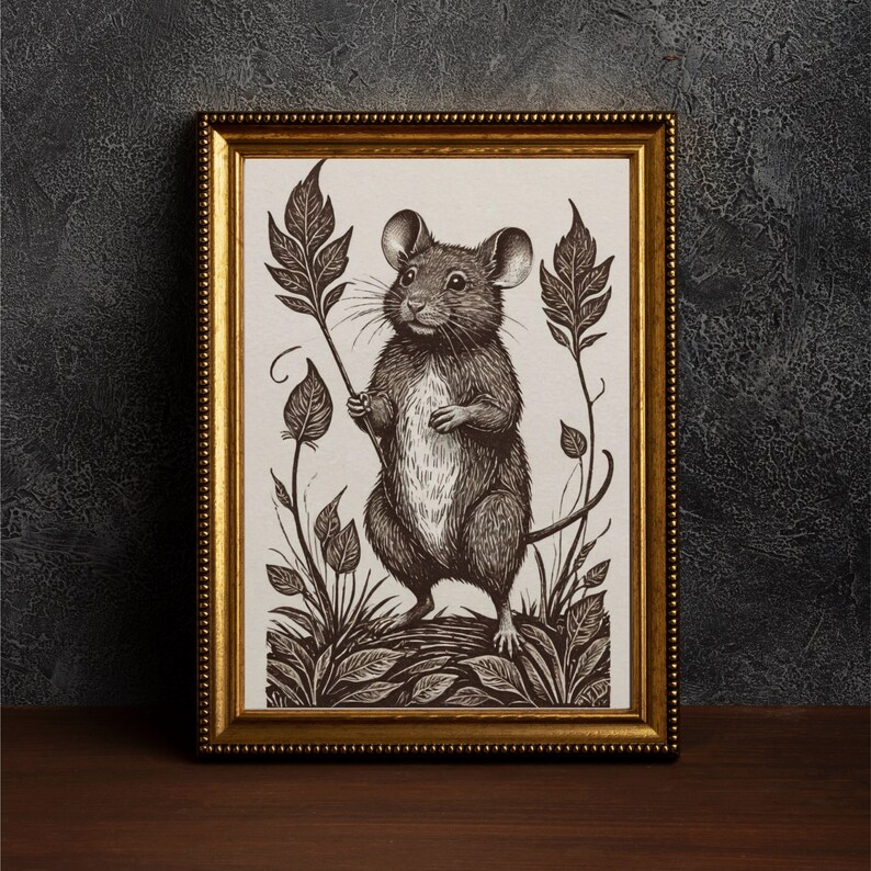 Mouse Linocut Style Print, fall cottagecore gift, printable mouse digital art, mouse lover print gift, animal linocut style autumn print, fae magpie prints