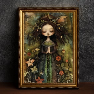 Forest Elf Dark Academia Print, dark cottagecore gift, printable digital art, witchy forestcore wall décor, mid century art, dark fairy art