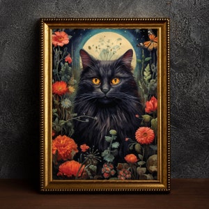 May include: A black cat with bright yellow eyes sits in a field of flowers and greenery under a full moon. The cat is surrounded by orange, red, and white flowers. The moon is a pale yellow color and has a soft glow.
