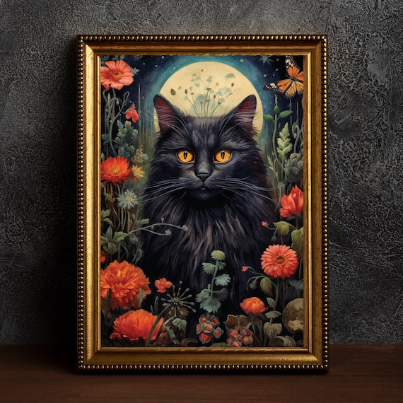 Gothic Black Cat Dark Cottagecore Print, cat gothic wall decor, printable digital art, witchy print, mid century dark art, floral cat gift