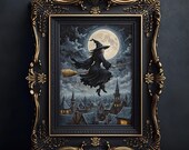 Flying Witch On A Broomstick Print Witchy Home Decor Dark Academia Witchcore Gift Halloween Printable Digital Art Spooky Dark Cottagecore