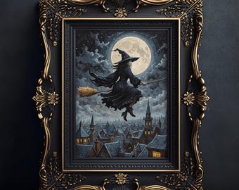 Flying Witch Art Print, Dark Academia Halloween Decor (Digital Download)