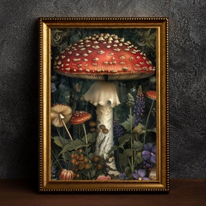 May include: A framed illustration of a red and white mushroom with a white stem and a white frilly cap. The mushroom is surrounded by green leaves, purple flowers, and other mushrooms. The frame is gold with a beaded border.