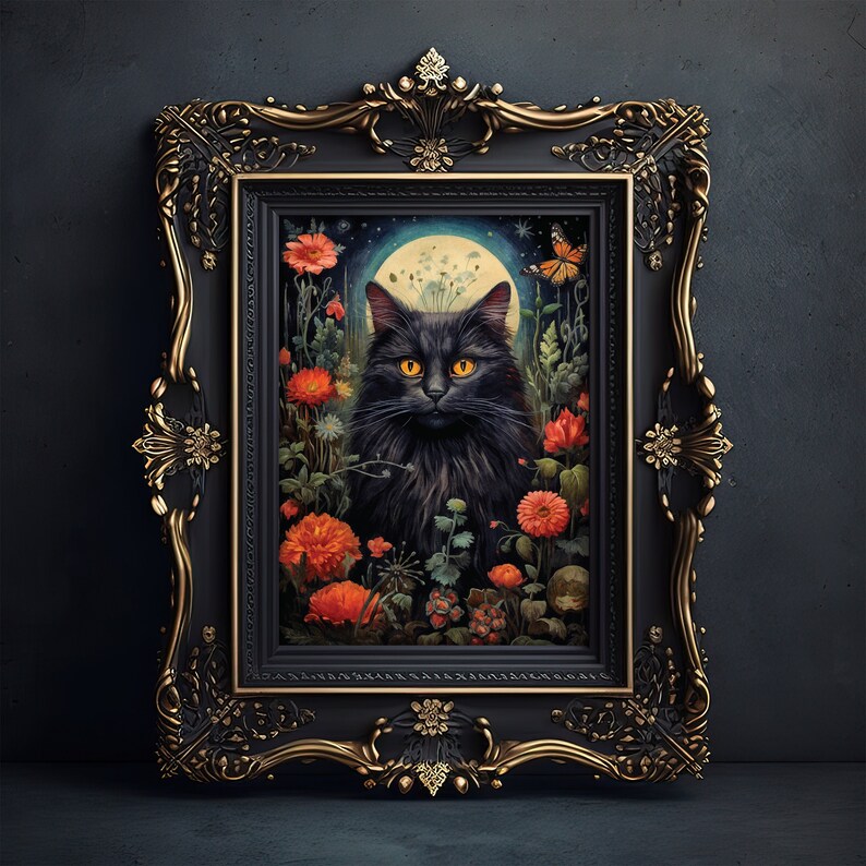 Gothic Black Cat Dark Cottagecore Print, cat gothic wall decor, printable digital art, witchy print, mid century dark art, floral cat gift, fae and magpie