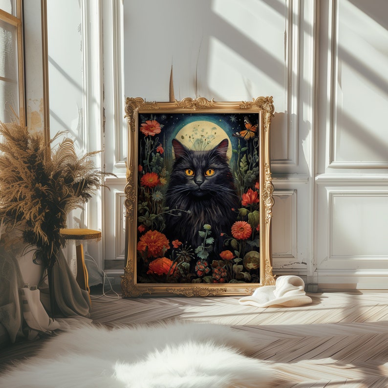 Gothic Black Cat Dark Cottagecore Print, cat gothic wall decor, printable digital art, witchy print, mid century dark art, floral cat gift, fae and magpie