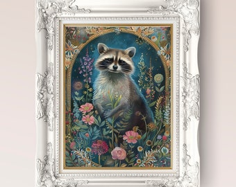 Raccoon Flowers Dark Cottagecore Print, forestcore decor, printable digital art, woodland raccoon flowers print, mystical art, blue pink art