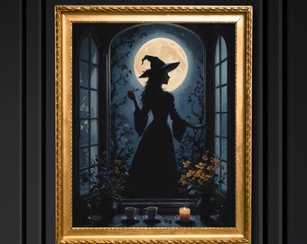 Lunar Moon Witch Dark Academia Print, dark cottagecore gift, printable digital art, witchy moonlight print, witchcore wall decor, witch gift