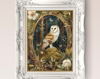 Wald Eule Cottagecore Druck, Waldkern Dekor, druckbare digitale Kunst, Waldhexe Druck, Mid Century Natur Kunst, botanische Eule Geschenk