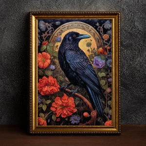 Gothic Raven Dark Cottagecore Print, crow gothic wall decor, printable digital art, witchy print, mid century nature art, floral crow gift