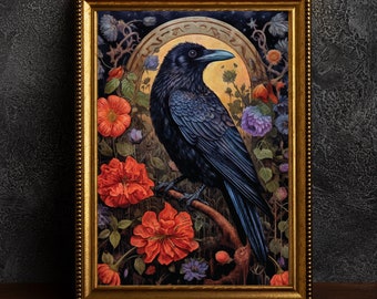 Gothic Raven Floral Print, Dark Cottagecore Wall Art (Digital Download)
