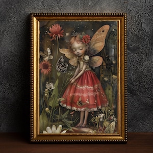 Forest Fairy Red Dark Academia Print, dark cottagecore gift, printable digital art, witchy fae print forestcore wall décor, mid century art