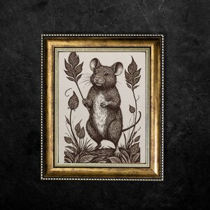 Mouse Linocut Style Print, fall cottagecore gift, printable mouse digital art, mouse lover print gift, animal linocut style autumn print, fae magpie prints