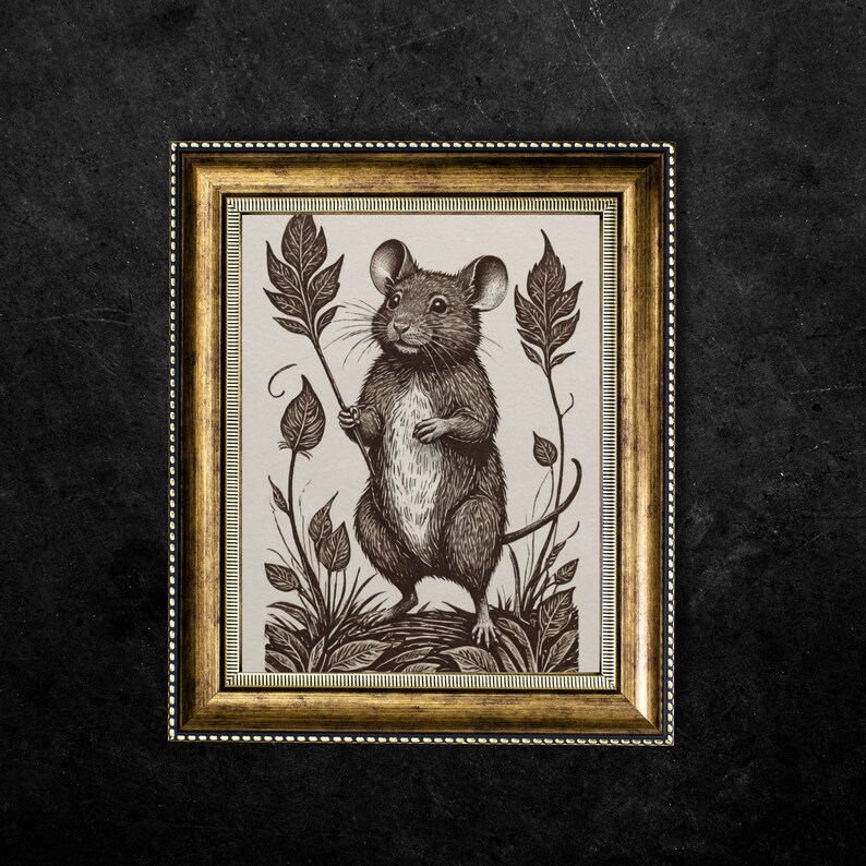 Mouse Linocut Style Print, fall cottagecore gift, printable mouse digital art, mouse lover print gift, animal linocut style autumn print, fae magpie prints