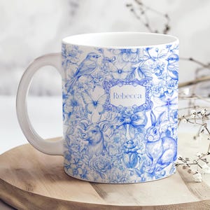 Blue Toile Custom Cottagecore Mug China Blue Custom Name Mug Gift For Her Simple Living Cup Modern Farmhouse Chinoiserie Spring Home Decor