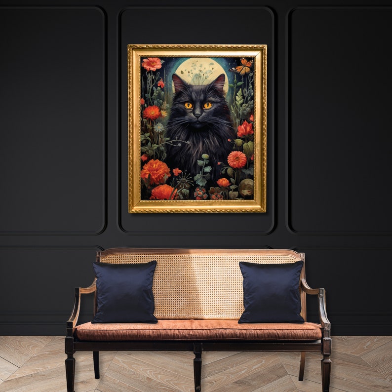 Gothic Black Cat Dark Cottagecore Print, cat gothic wall decor, printable digital art, witchy print, mid century dark art, floral cat gift, fae and magpie