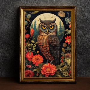 Owl Dark Cottagecore Print, owl with flowers wall decor, printable digital art, gothic owl, mid century nature art, floral owl lover gift
