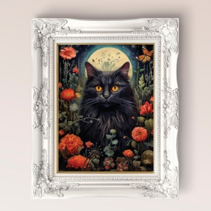 Gothic Black Cat Dark Cottagecore Print, cat gothic wall decor, printable digital art, witchy print, mid century dark art, floral cat gift, fae and magpie