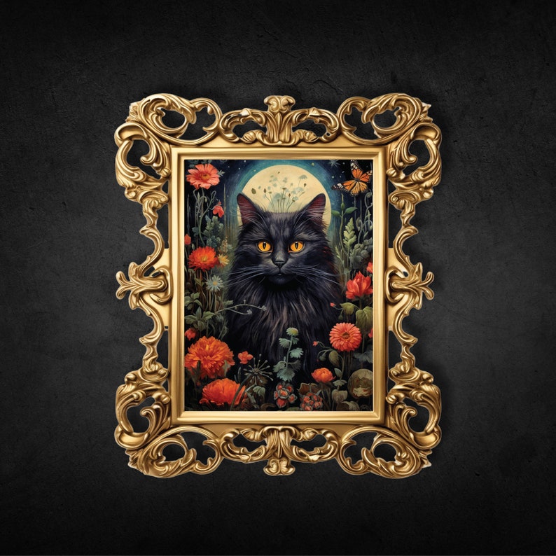 Gothic Black Cat Dark Cottagecore Print, cat gothic wall decor, printable digital art, witchy print, mid century dark art, floral cat gift, fae and magpie