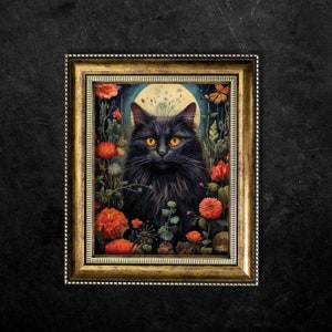 Gothic Black Cat Dark Cottagecore Print, cat gothic wall decor, printable digital art, witchy print, mid century dark art, floral cat gift, fae and magpie