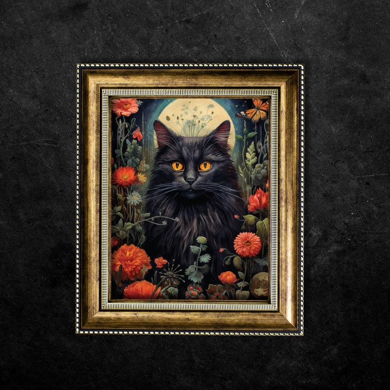 Gothic Black Cat Dark Cottagecore Print, cat gothic wall decor, printable digital art, witchy print, mid century dark art, floral cat gift, fae and magpie