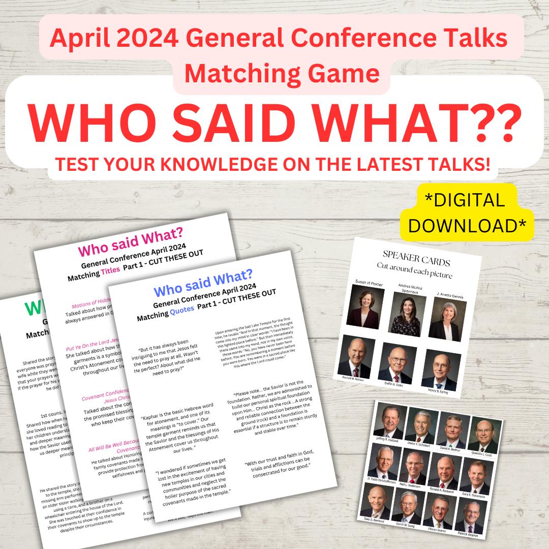 Who Said What? Matching General Conference Talk Game! Fun family game FHE, Primary, Young Women, Young Men, and Adults.