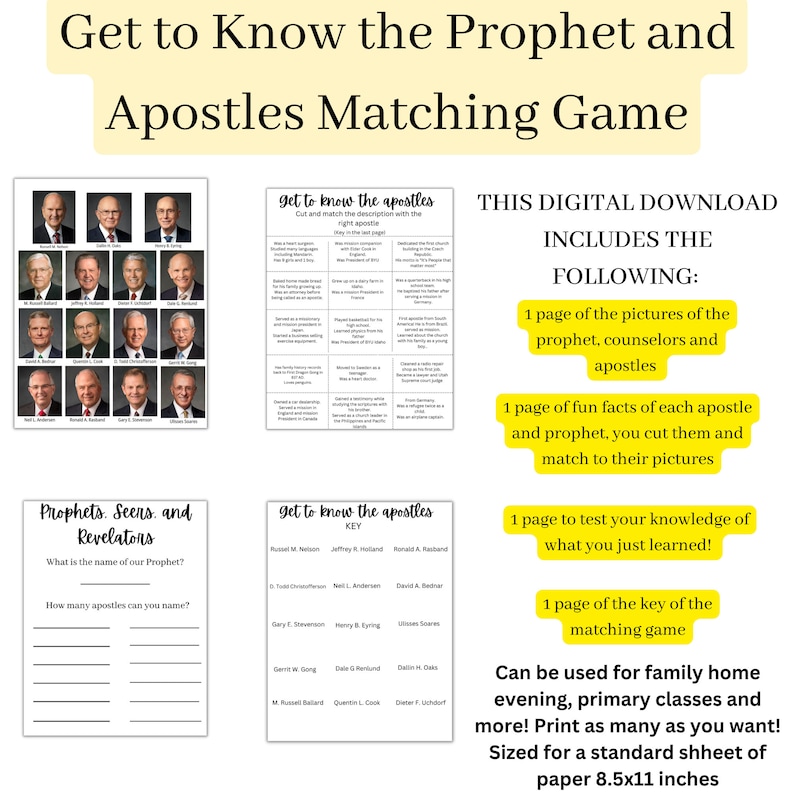 General Conference Matching Game for Kids, Get to Know the Prophet and Apostles Game, LDS ...