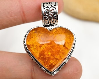 Colgante de ámbar báltico, colgante de plata de ley 925, colgante de gema de ámbar báltico, joyería de ámbar báltico hecha a mano, regalos para mamá, colgante de corazón