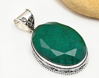 Smaragdgroene hanger in 925 sterlingzilver, ovale groene edelsteenketting, handgemaakte sieraden, geboortesteen mei verjaardagscadeau voor haar of moeder