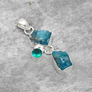 Raw Neon Blue Apatite Pendant Sterling Silver Pendant Apatite Rough Pendant Natural Uncut Gemstone Pendant Healing Gemstone Pendant Necklace