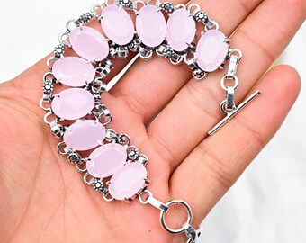 ハンドメイドのピンクカルセドニースターリングシルバーブレスレット