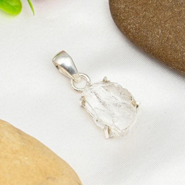 Raw Clear Quartz Pendant Sterling Silver Pendant Clear Quartz Rough Pendant Natural Uncut Gemstone Pendant Healing Gemstone Pendant Necklace