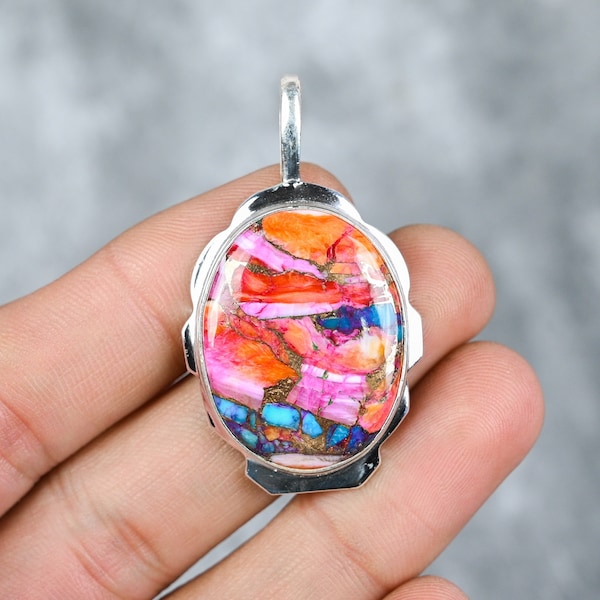 Pink Copper Spiny Oyster Pendant 925 Sterling Silver Pendant Spiny Oyster Gemstone Pendant Handmade Spiny Oyster Jewelry Gift For Her Mother